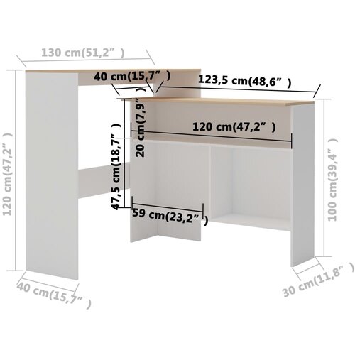  Barski stol s 2 stolne ploče bijelo i boja hrasta 130x40x120 cm Slike
