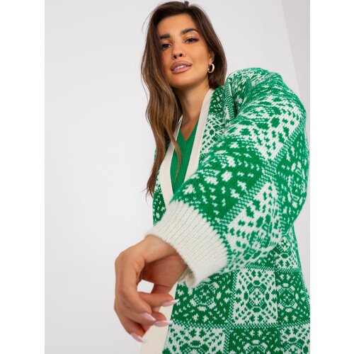 Fashion Hunters Green and ecru loose cardigan with patterns Slike