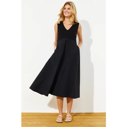 Trendyol Black Waist Midi Knitted Fabric Detailed Woven Maxi Dress
