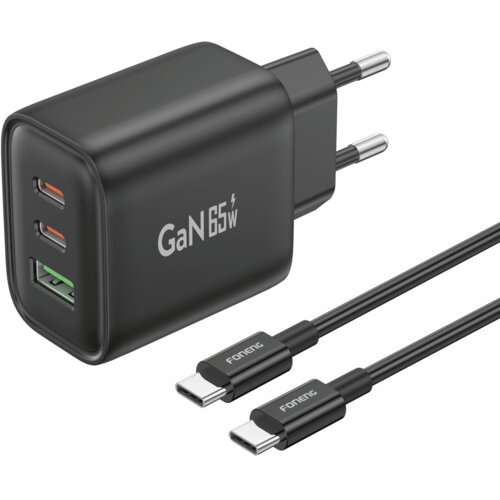  Zidni punjač Foneng GaN PPS - USB + 2xType C - QC 4.0+ PD 65W s Type C na Type C kabelom crni Cene