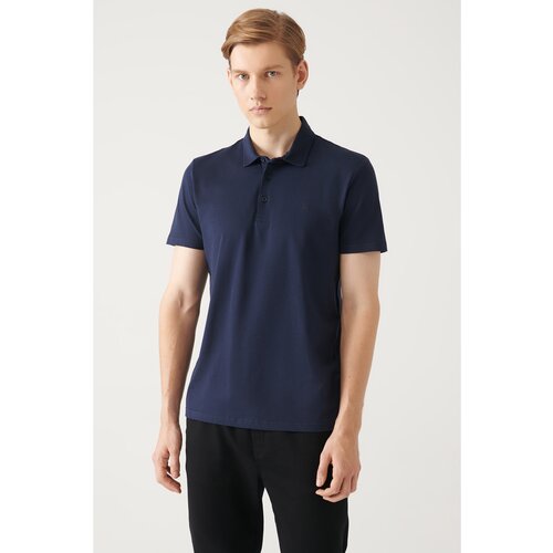 Avva Men's Navy Blue 100% Cotton Standard Fit Normal Cut 3 Buttons Anti-roll Polo T-shirt Cene