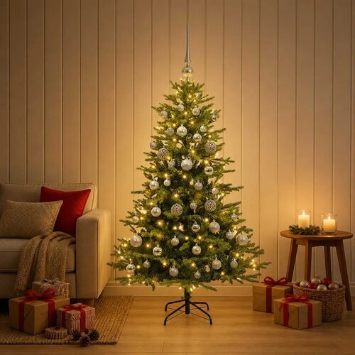  Umjetno božićno drvce s kuglicom 120 cm 150 LED lampica - Zelena 120 cm s LED-ima i srebrnim lopticama Slike