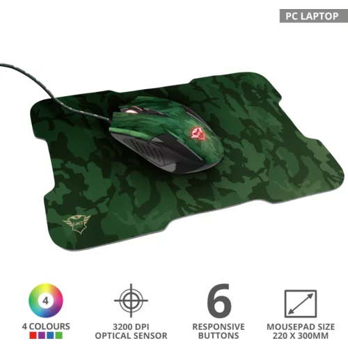 Trust gaming miš + podloga za miš GXT 781 Rixa Camo mouse & pad-3200DPI-6responsive buttons-led illumination-mouse pad-green camoID: EK000576447
