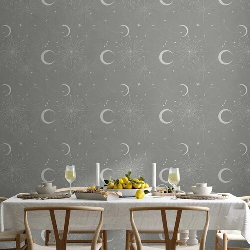  Tapeta - Cosmic Fireworks - Elegant pattern with moons and stars on a gray background. 50x1000 Vodootporna Cene