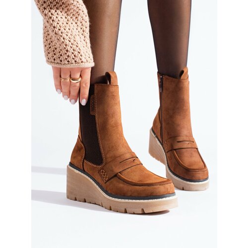 SHELOVET Brown suede boots heeled ankle boots Cene