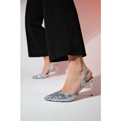 LuviShoes OVERAS Silver Sequined Pointed Toe Women's Thin Heeled Evening Shoes Cene