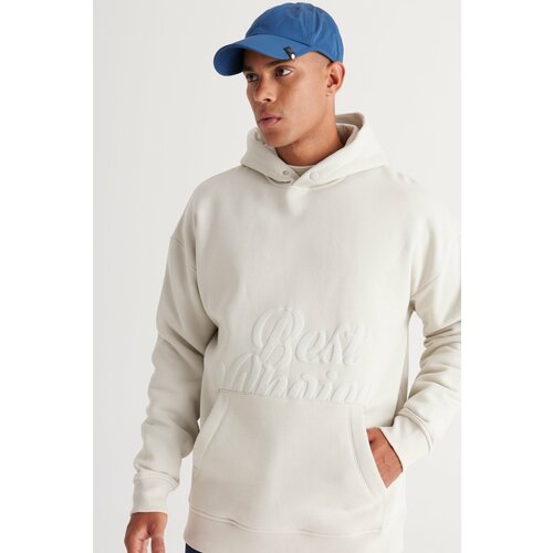 AC&Co / Altınyıldız Classics Men's Beige Oversize Fit Loose Cut Hooded 3 Thread Printed Sweatshirt with Fleece Inside Cene