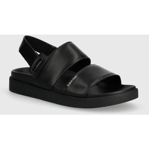 Calvin Klein Usnjeni sandali FLAT SANDAL CALVIN MTL LTH ženski, črna barva, HW0HW01984