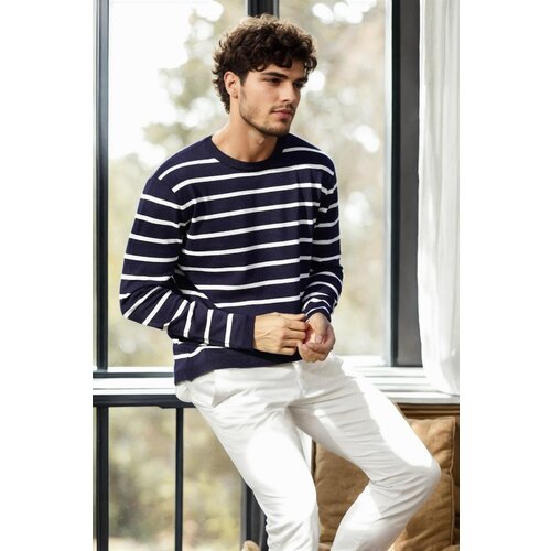 Dewberry 99741 Crew Neck Striped Casual Knitwear Sweater-NAVY BLUE Slike