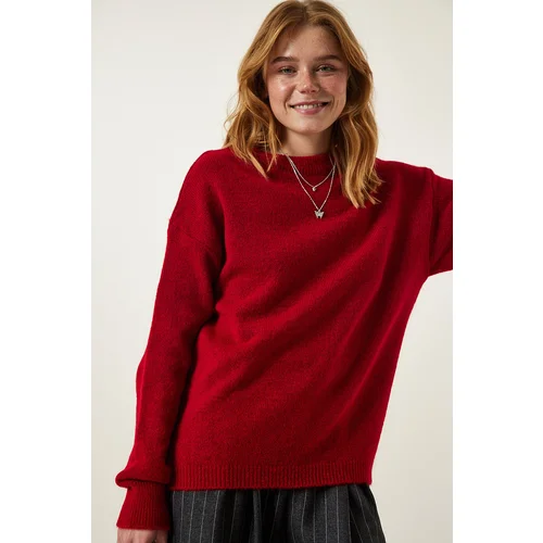  Women's Red Crew Neck Basic Knitwear Sweater