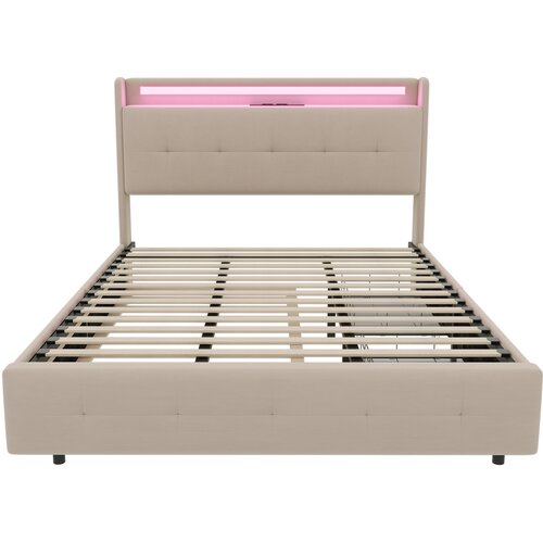 Lumor Dvoposteljna postelja 160x200 cm - USB, LED, predali, postelja na kolesih, letvičasti okvir - bež, (22151054) Cene