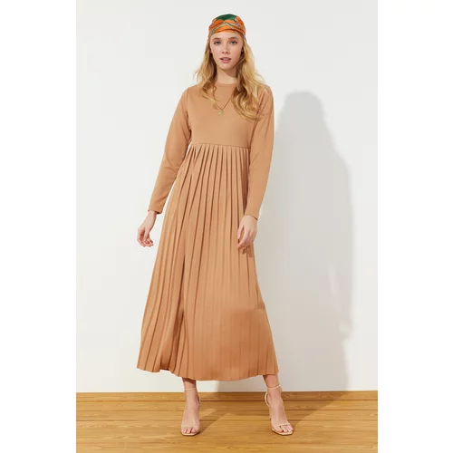 Trendyol Camel Skirt Pleated Scuba Knitted Dress