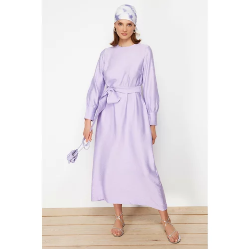 Trendyol Lilac Belted Unlined Plain Woven Linen Aerobin Hijab Dress