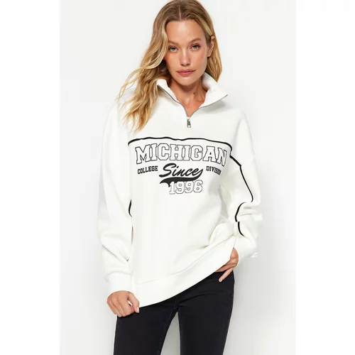 Trendyol Ecru, Zipper Printed Oversized/Wide fit Stitched Fleece Inside Knitted Sweatshirt