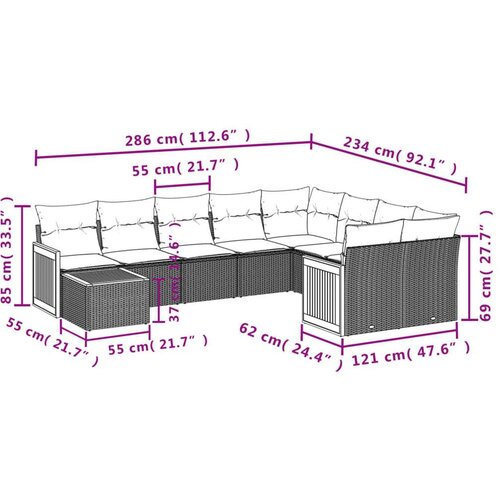 VidaXL 10-dijelni set vrtnih sofa s jastucima crni od poliratana Slike