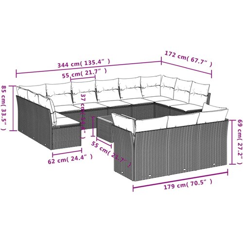  14-dijelni set vrtnih sofa s jastucima poliratan crni Slike