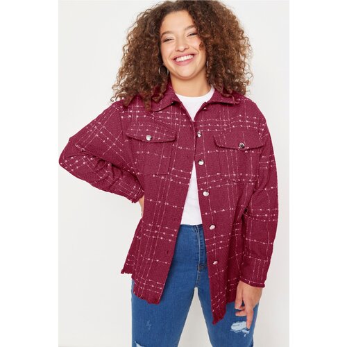 Trendyol Curve Burgundy Tweed Plaid/Checked Pocket Woven Plus Size Shirt Slike