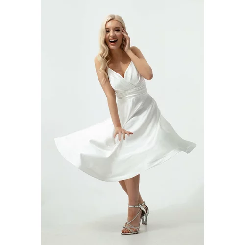 Lafaba Women's White Satin Mini Evening Dress &; Prom Dress with String Straps and Waist Belt