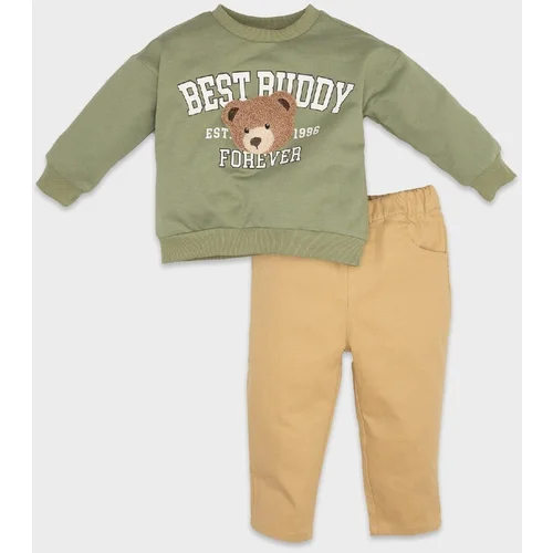 Defacto Baby Boy Crew Neck Teddy Bear Printed Sweatshirt Elastic Waist Trousers 2-Piece Set