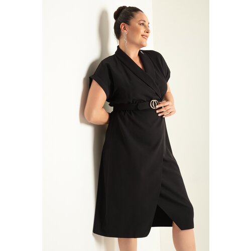 Lafaba Women's Black Double Breasted Collar Belted Plus Size Midi Dress Slike