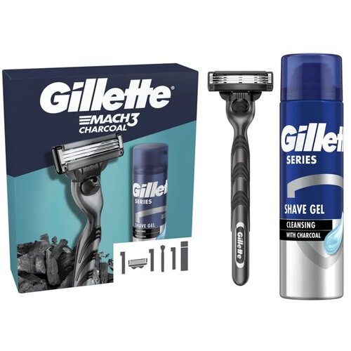 Gillette Mu&amp;scaron;ki set za brijanje Mach 3 Brijač + Gel za brijanje sa aktivnim ugljem, 200 ml Slike