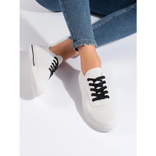 Shelvt White women's sneakers with black laces