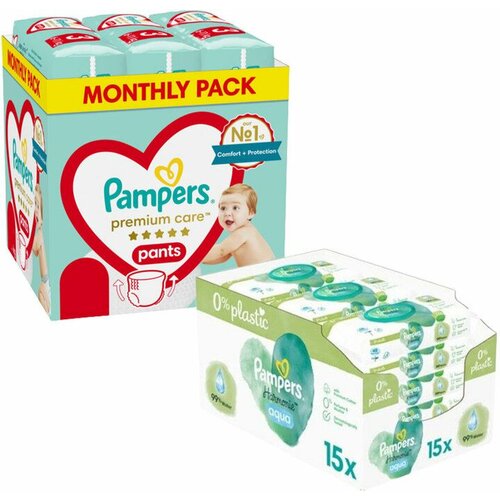 Pampers premium care pants mesečno pakovanje pelena + vlažne maramice harmonie aqua plastic free 15X48 Slike