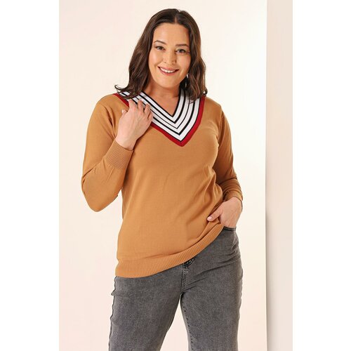 By Saygı Striped V-Neck Plus Size Knitwear Sweater Slike