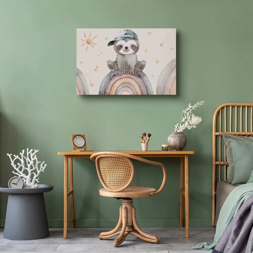  Slika - Happy Sloth - Sloth in Subdued Colors Wearing a Cap Sitting on a Rainbow Among Little Stars 30x20 Na talijanskom platnu Slike