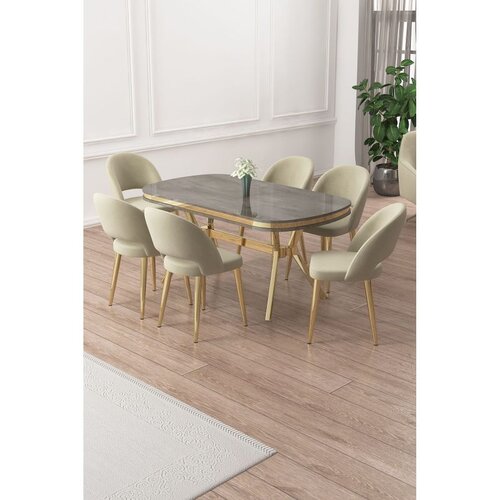 Hanah home trpezarijski set Jita, sto i 6 stolica, antracit ploča Irony, zlatne noge, krem tkanina Babyface Cene
