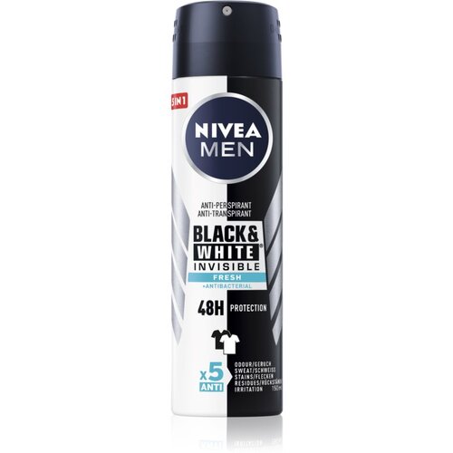 Nivea Men Invisible For Black &amp;amp; White Fresh 48h antiperspirant, ki ne pu&amp;scaron;ča madežev na oblačilih 150 ml za mo&amp;scaron;ke Slike