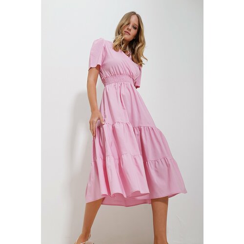 Trend Alaçatı Stili Women's Pink Double Breasted Waist Gimped Walloon Woven Poplin Dress Slike