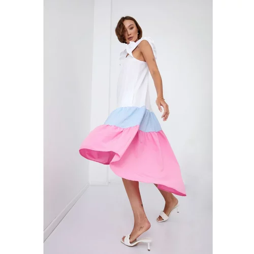 Fasardi Summer dress on straps with a longer back in blue and pink color