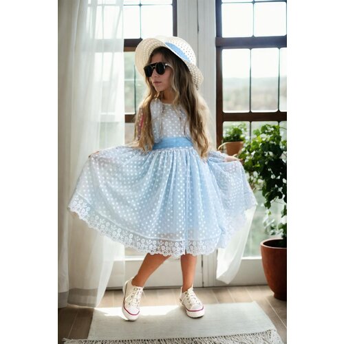 Dewberry N8712 Princess Model Girls Dress with Hat &amp;amp; Lace-BLUE Slike