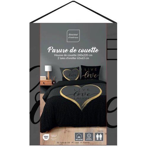Douceur d int&amp;eacute;rieur Črna 3-delna bombažna posteljnina za zakonsko posteljo/podalj&amp;scaron;ana 240x220 cm Crazy Love &amp;ndash; Slike
