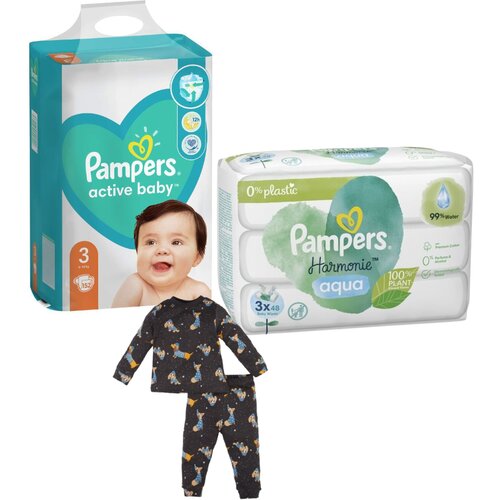 Pampers Pelene Active baby 3, MB, 6-10kg, 152/1+Vlažne maramice Harmonie, 3x48 komada+DeFacto Pidžama za dečake, Tamnosiva Cene