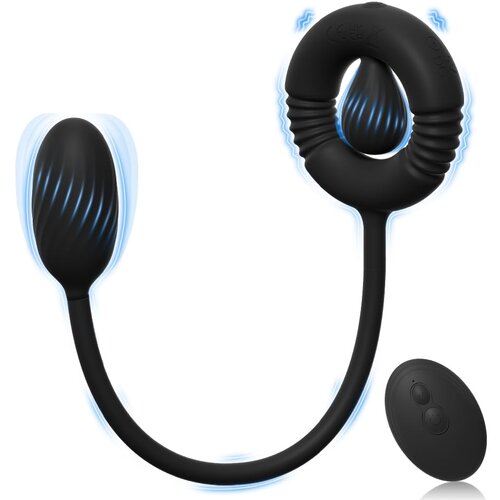 SuperLove Vibrating Cock Ring Dual Motor Prostate Massager with Remote Black Cene