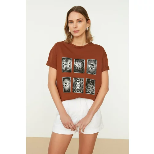 Trendyol Cinnamon Printed Boyfriend Knitted T-Shirt