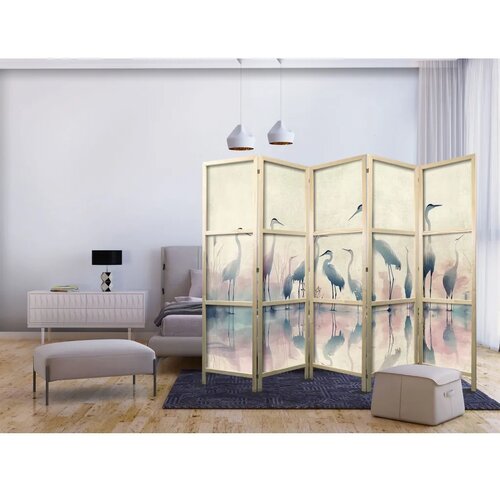  Japanski paravan - Birds by the lake – herons painted in watercolours in delicate grey and pink colours 225x172 Cene