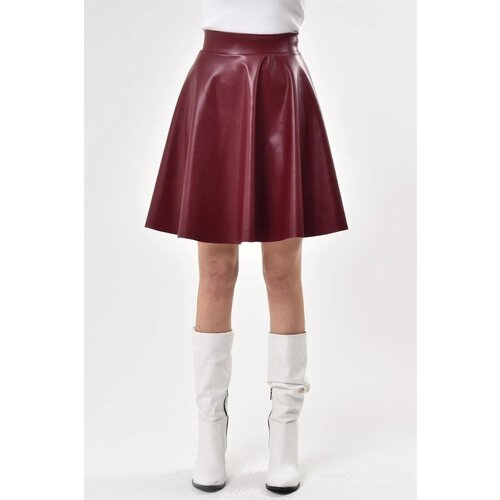 Dewberry 88854 Flared Faux Leather Skirt-BURGUNDY Slike