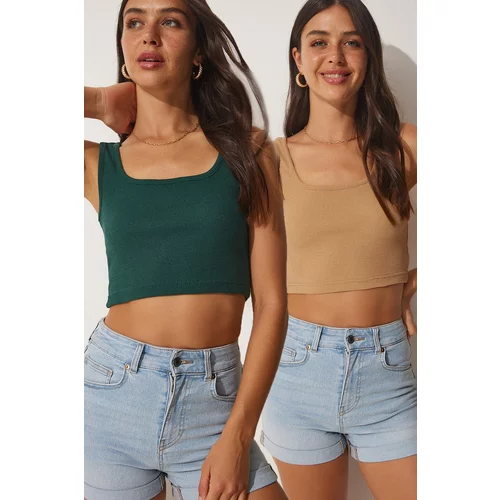 Happiness İstanbul Women's Biscuit Emerald Green Straps Crop 2-Pack Knitted Blouse