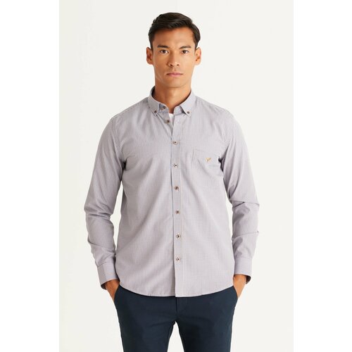 AC&Co / Altınyıldız Classics Men's Navy Blue-Mustard Slim Fit Slim Fit Button-down Collar with Logo Pocket Striped Cotton Shirt Cene