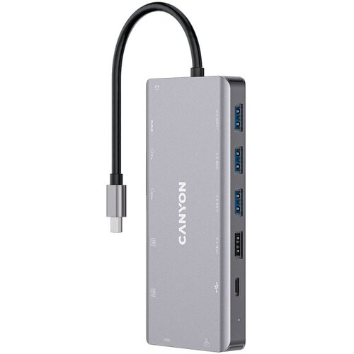 Canyon DS-12, 13 in 1 USB C hub, with 2*HDMI, 3*USB3.0: support max. 5Gbps, 1*USB2.0: support max. 480Mbps, 1*PD: support max 100W PD, 1*VGA,1* Type C data, 1*Glgabit Ethernet, 1*3.5mm audio jack, cable 15cm, Aluminum alloy housing,130*57.5*15 mm,DarK gray Cene