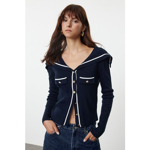 Trendyol Navy Blue Color Block Turn-down Collar Knitwear Cardigan Slike