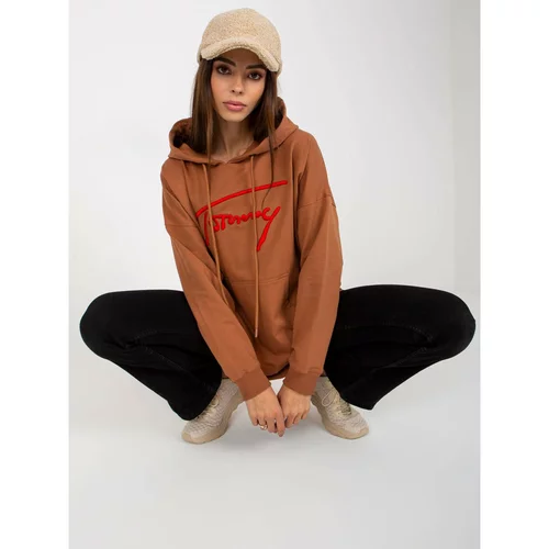 Fashion Hunters Light brown long patch kangaroo sweatshirt with a hood