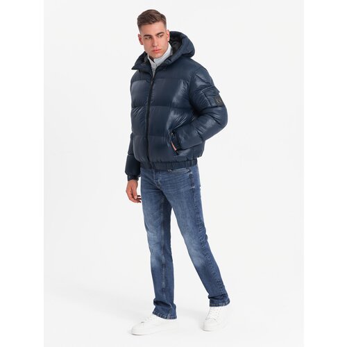Ombre Warm men&amp;#039;s puffer jacket with welts - navy blue Slike