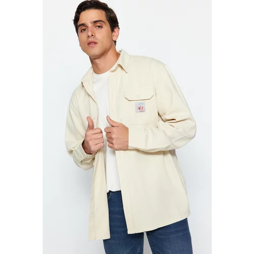 Trendyol Stone Men's Relaxed Fit Label Detailed Single Pocket Gabardine Textured Shirt Jacket