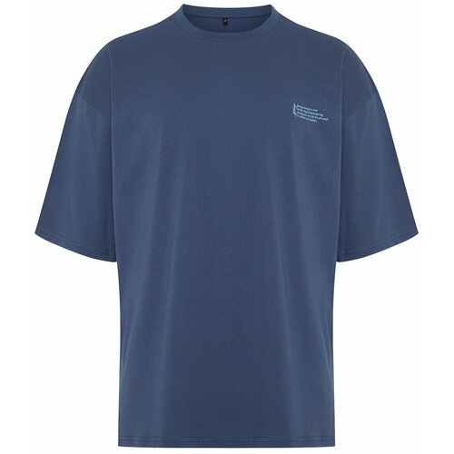 Trendyol Indigo Oversize 100% Cotton Crew Neck Minimal Text Printed T-Shirt Cene
