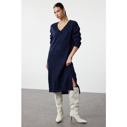 Trendyol Navy Blue Maxi Knitwear V-Neck Dress Cene