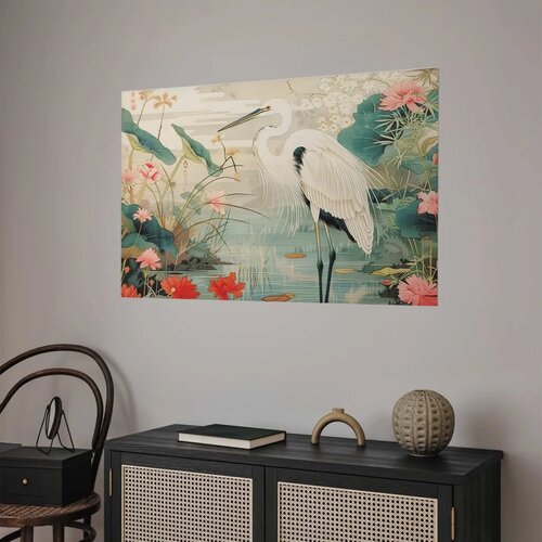  Plakat - Over the Asian Pond - illustration in the Japanese print style featuring a heron 90x60 Bez okvira Slike